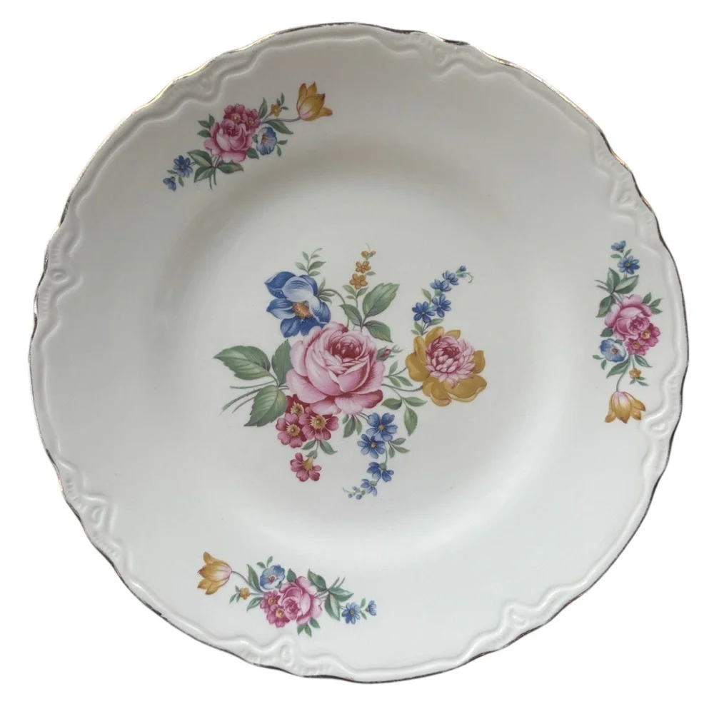 Vintage Floral Plate Scio Ohio Cottage Core White Cream Rose Blue Green Gold Rim